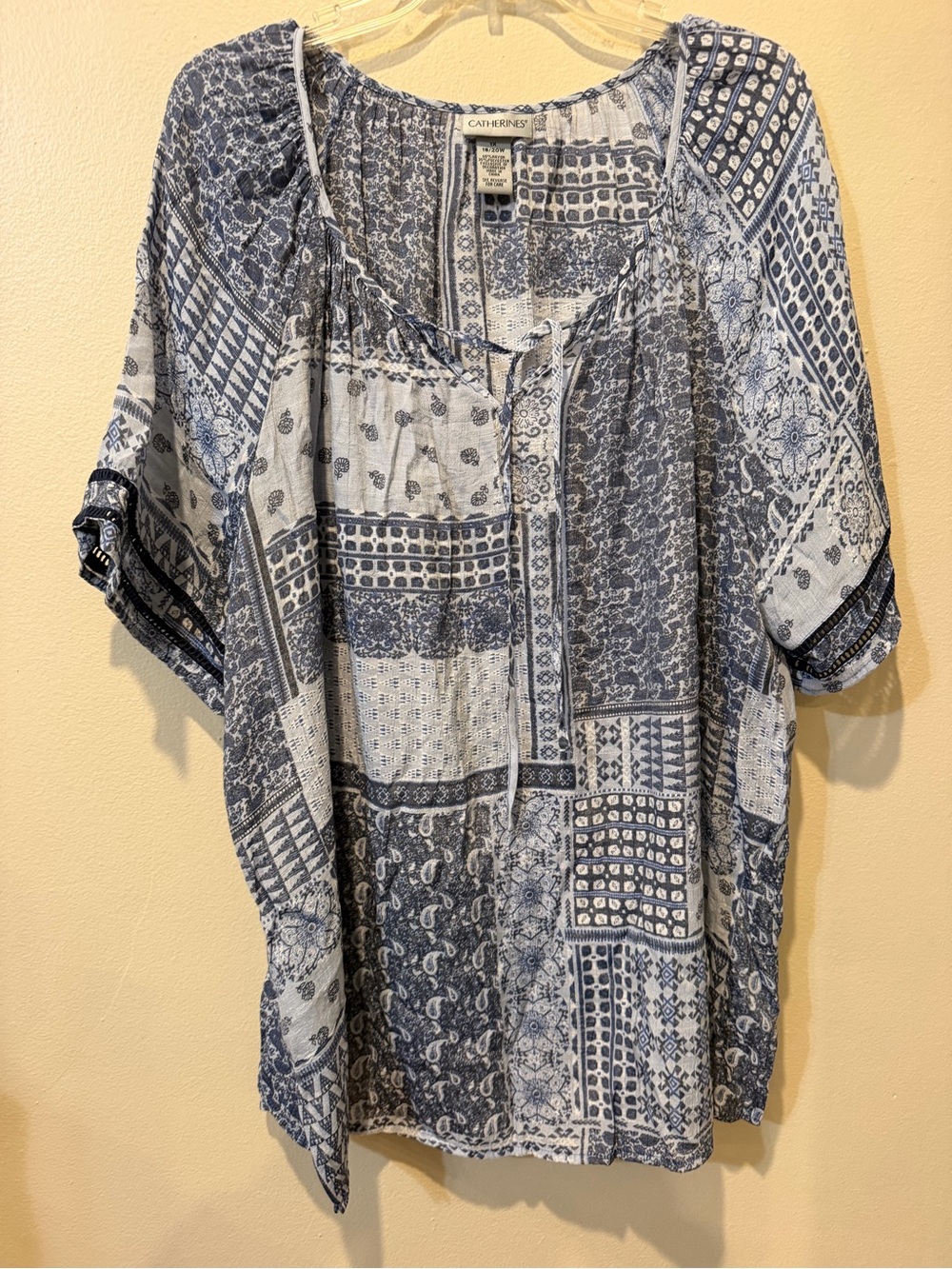 Catherines Blue and White Patchwork Tie-Neck Blouse